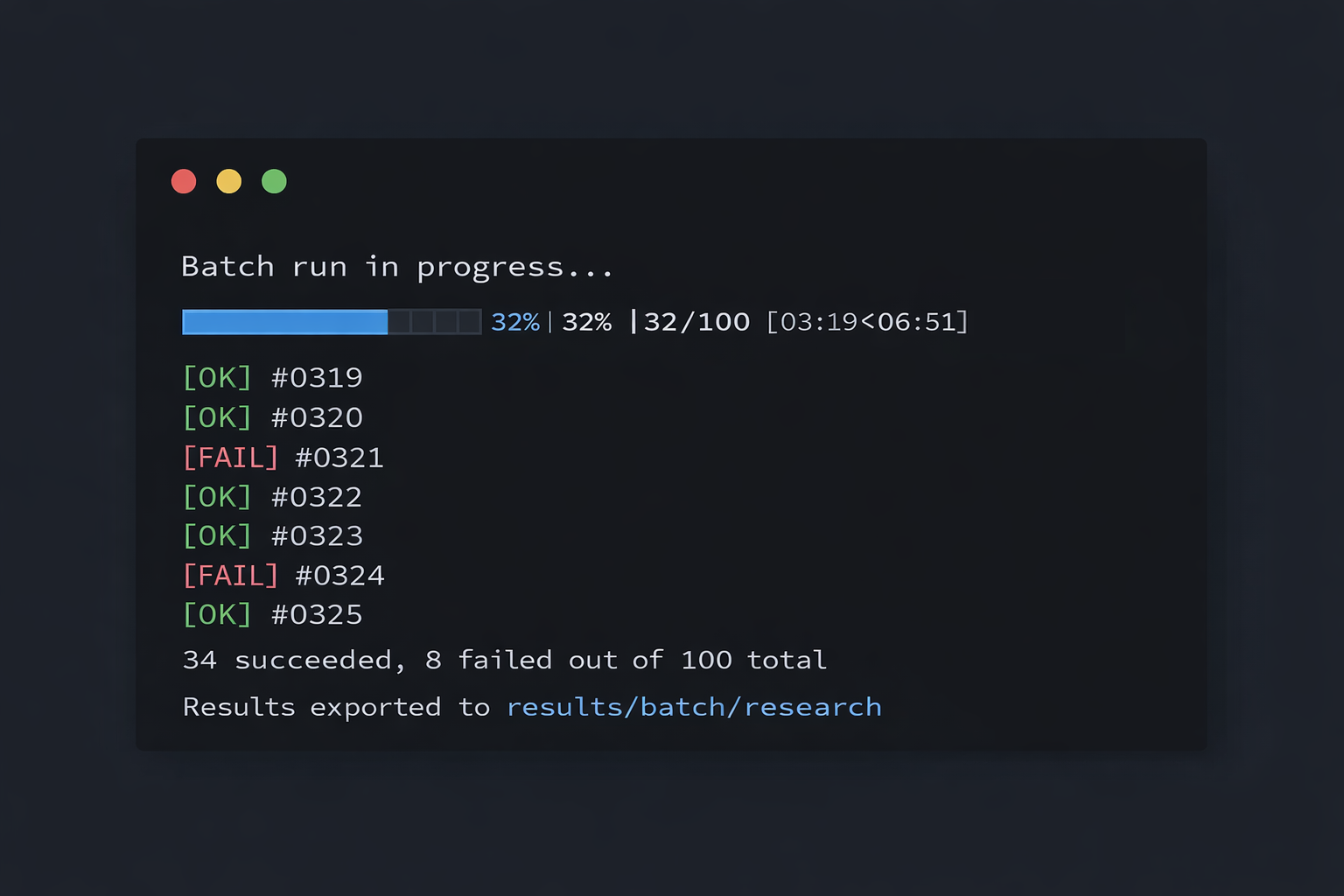 Batch run terminal output (mockup)